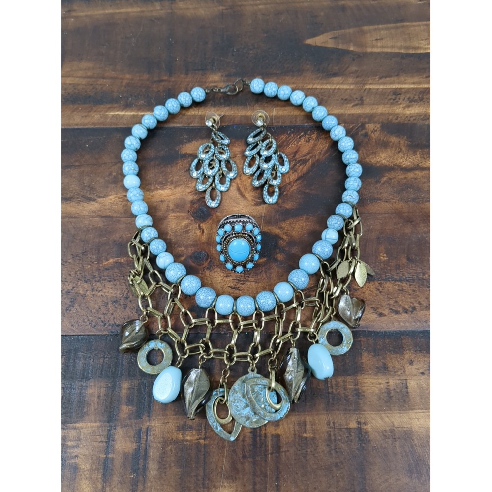 Faux Turquoise Jewelry Set, Adjustable Concho Ring, Earrings, Beaded‎ Necklace